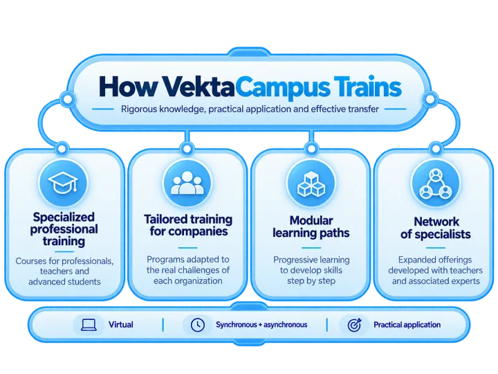 How VektaCampus trains: rigorous knowledge, practical application and effective transfer. Specialized professional training (courses for professionals, educators and advanced students), custom corporate training (programs tailored to each organization's real challenges), modular learning paths (progressive learning to build skills step by step) and a network of specialists (expanded programs with associate educators and experts). Online, synchronous and asynchronous, with practical application.
